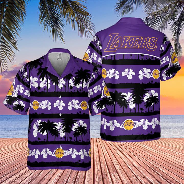 Los Angeles Lakers White Hibiscus Flower On Purple Background Print Hawaiian Shirt