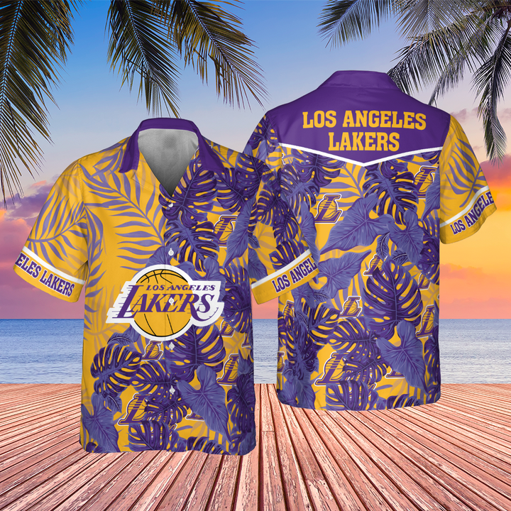 Los Angeles Lakers Leaves Tropical Pattern Print Hawaiian Shirt