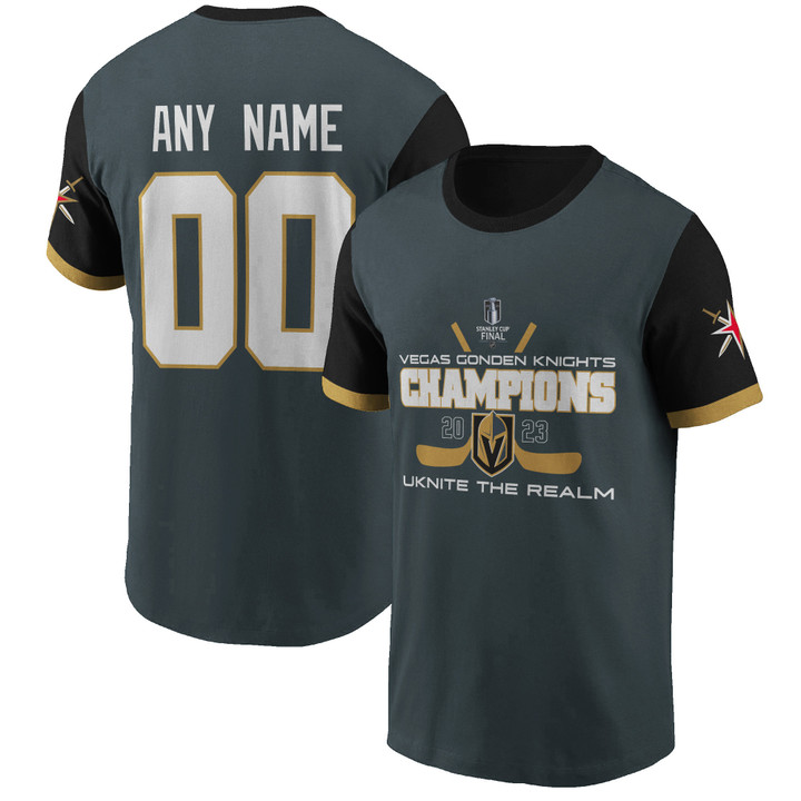 Uknite the Realm Go Vegas Golden Knights 2023 Champions Custom Name Number Print T-Shirt
