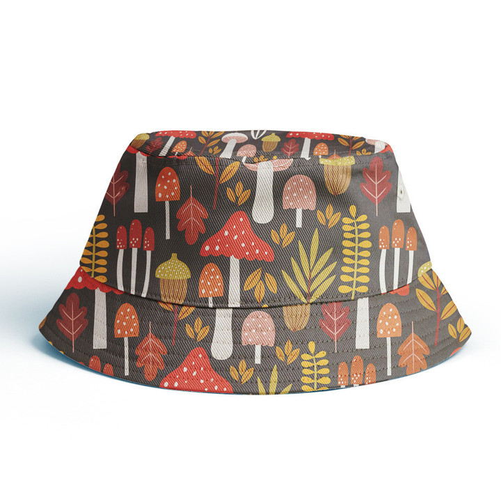Multicolored Mushroom Collection And Tropical Leaves Black Theme Unisex Bucket Hat