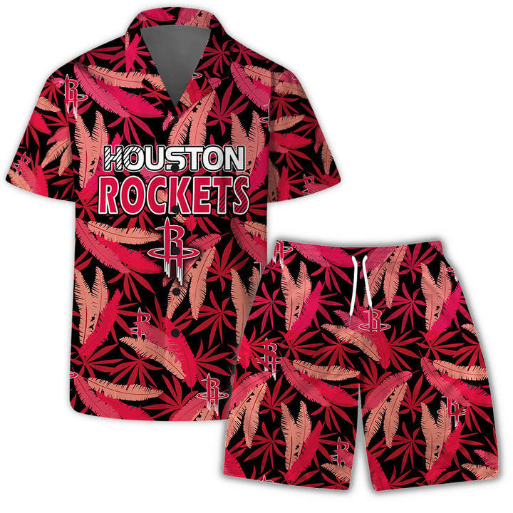 Houston Rockets Team Logo Pattern Leaves Vintage Art Hawaiian Set