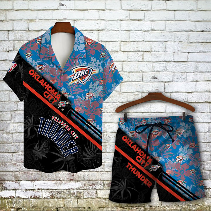 Oklahoma City Thunder Team Logo Pattern Basketball Black Hawaiian Set