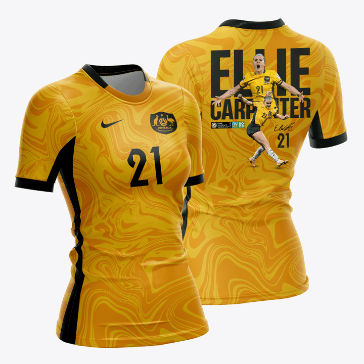 Ellie Carpenter 21 Signed Australia 2023 Road To World Cup Champions Women Home Jersey - Yellow - All Over Printed Jersey