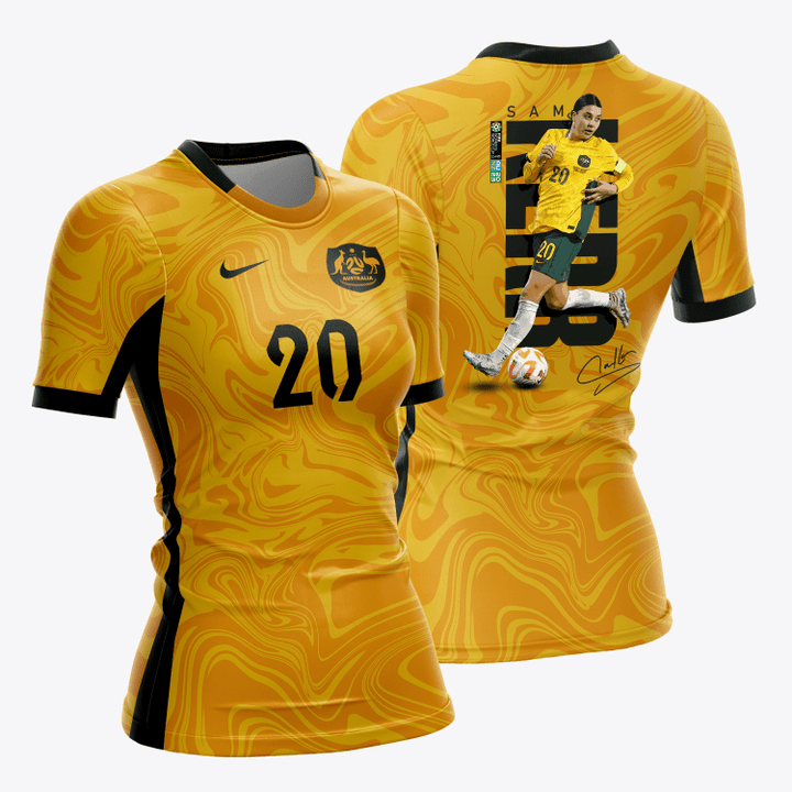 Sam Kerr 20 Signed Australia 2023 Road To World Cup Champions Women Home Jersey - Yellow - All Over Printed Jersey