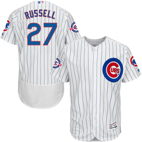 Addison Russell Chicago Cubs Majestic Home Flex Base Collection Jersey with 100 Years at Wrigley Field Commemorative Patch - White/Royal - Cfjersey.store