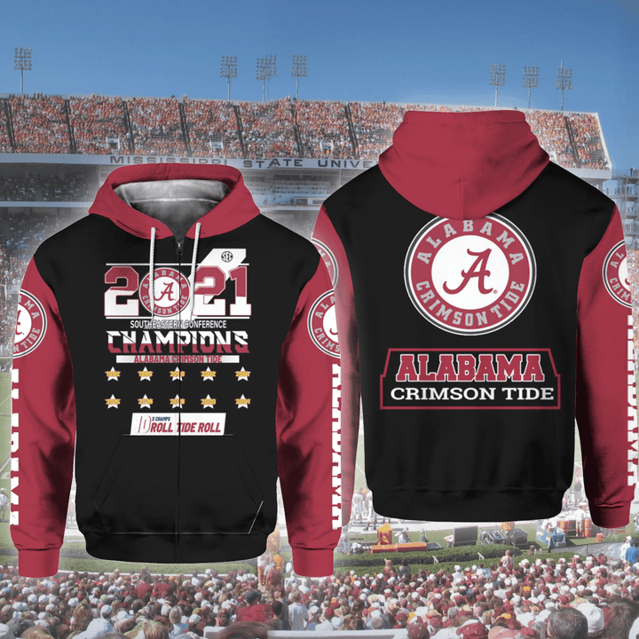 NCAAF Alabama Crimson Tide 2021 Southeastern Conference Champions Zip Hoodie 3D 3ZH-A5Q0