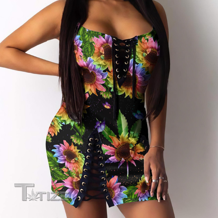 Weed sunflower rainbow color Lace-Up Dress