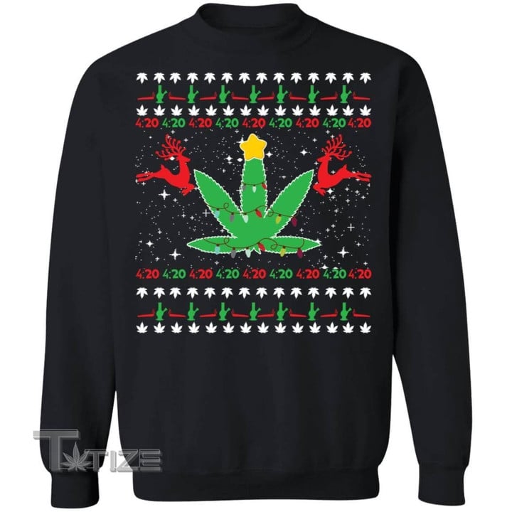 420 Cannabis Reindeer Christmas Sweater Graphic Unisex T Shirt, Sweatshirt, Hoodie Size S - 5XL