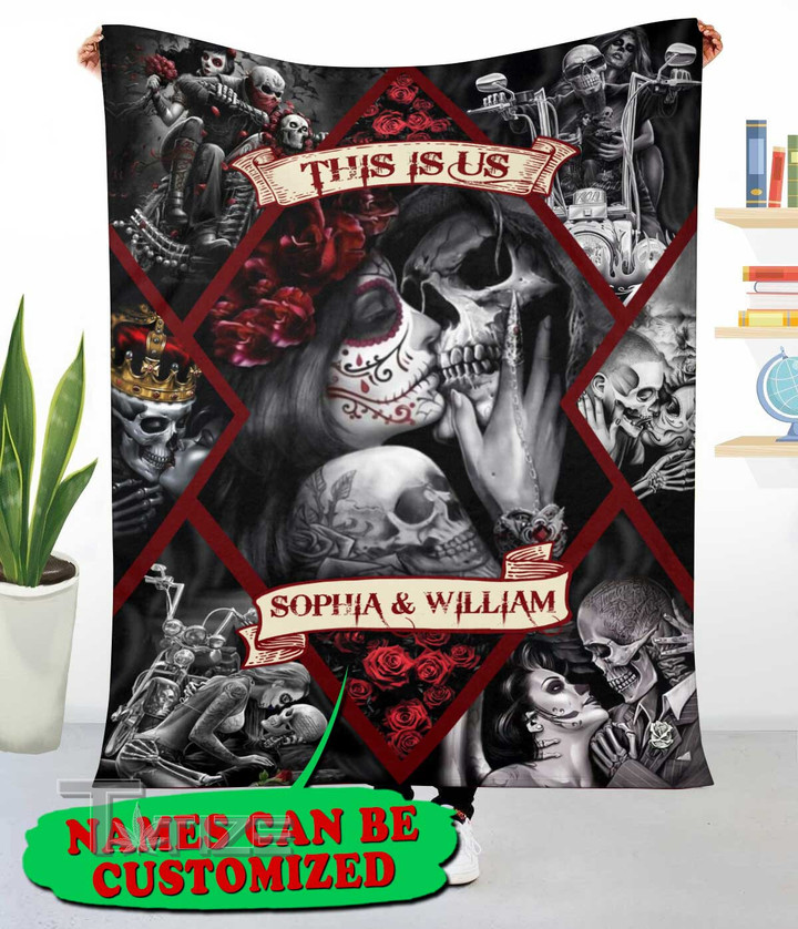 Personalized Name Skull Couple This Is Us Couple Gifts, Valentine Gifts Cozy Fleece Blanket, Sherpa Blanket Cozy Fleece Blanket
