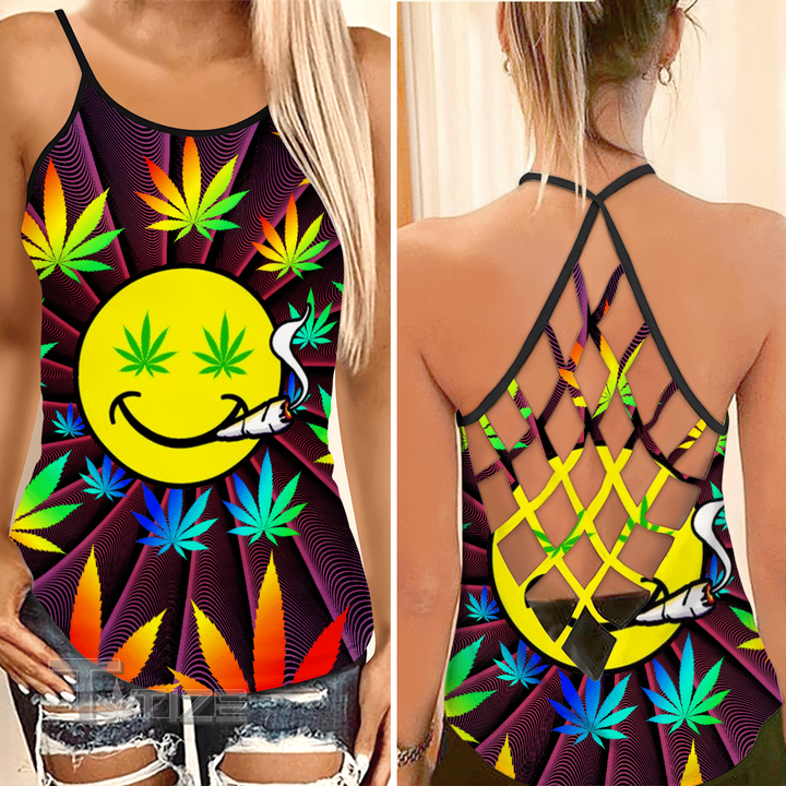 Weed pattern Criss-Cross Open Back Cami Tank Top