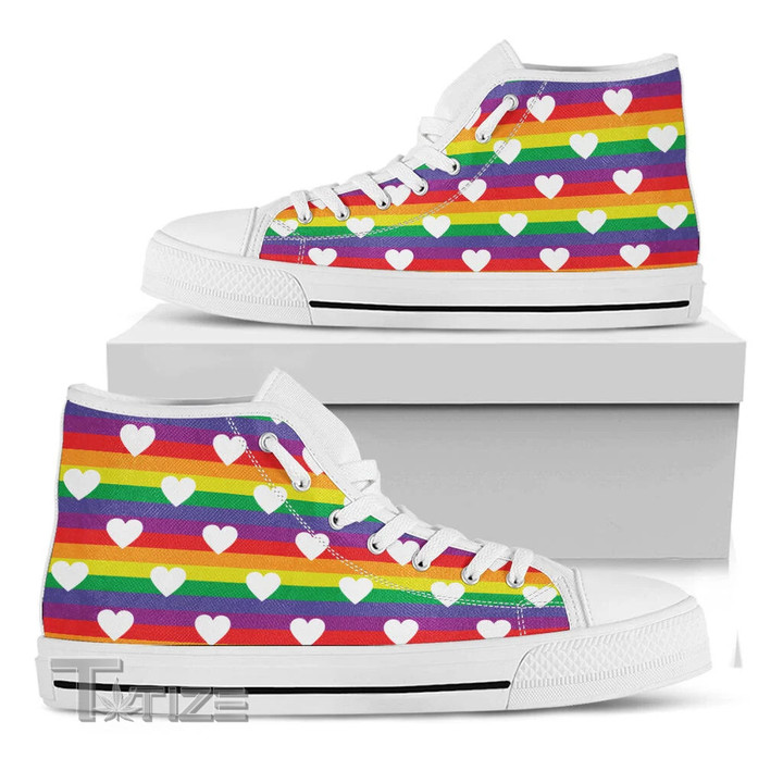 White Heart on Lgbt Pride Striped Print Unisex High Top Canvas Shoes