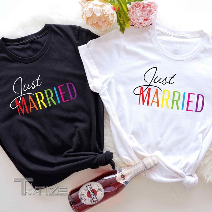 Just Married LGBTQ Rainbow Graphic Unisex T Shirt, Sweatshirt, Hoodie Size S - 5XL