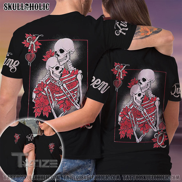 Matching Couple Shirt Skeleton Couple King Queen 3D All Over Printed Shirt, Sweatshirt, Hoodie, Bomber Jacket Size S - 5XL