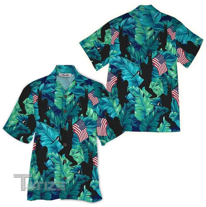 Bigfoot Holding US Flag 4th of July Tropical Tropical Red And Blue Floral All Over Printed Hawaiian Shirt Size S - 5XL