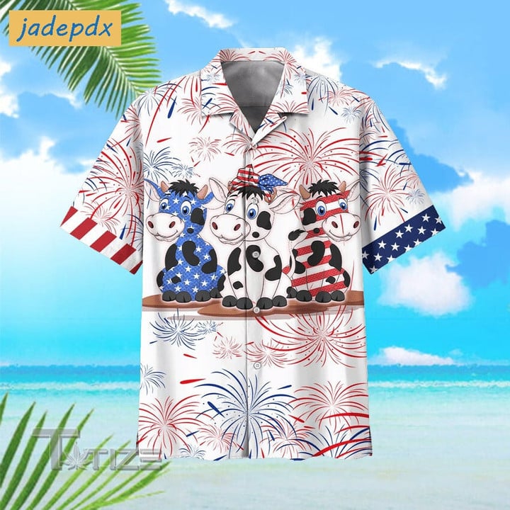 Cute American Cows 4th of July Tropical Tropical Red And Blue Floral All Over Printed Hawaiian Shirt Size S - 5XL