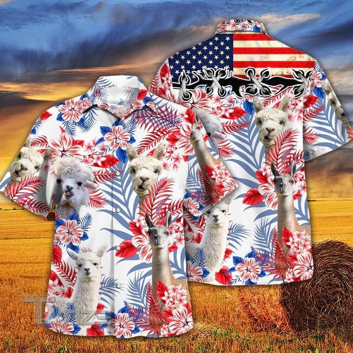 Llama American Flag 4th of July Tropical Tropical Red And Blue Floral All Over Printed Hawaiian Shirt Size S - 5XL