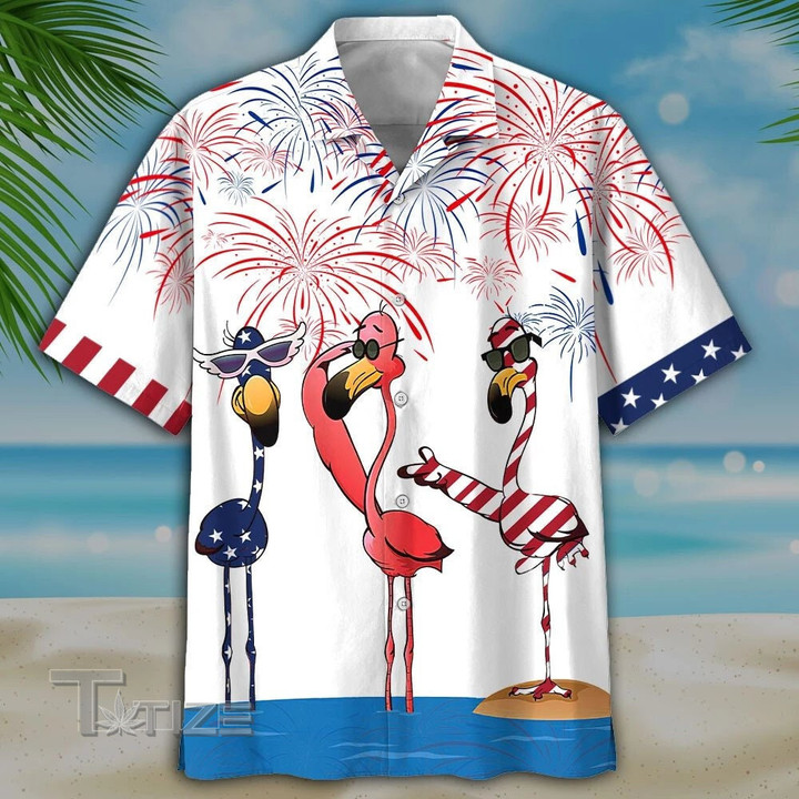 Flamingo 4th of July Tropical Tropical Red And Blue Floral All Over Printed Hawaiian Shirt Size S - 5XL