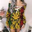 Cannabis Weed Leaf Lace-Up Criss Cross Sweatshirt Dress