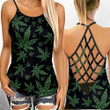 Green Weed Leaf Pattern Criss-Cross Open Back Cami Tank Top