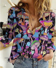 Magic Mushroom Trippy Colorful Casual Long-Sleeved Linen Shirt Ladies
