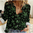 Weed leaf green pattern Casual Long-Sleeved Linen Shirt Ladies
