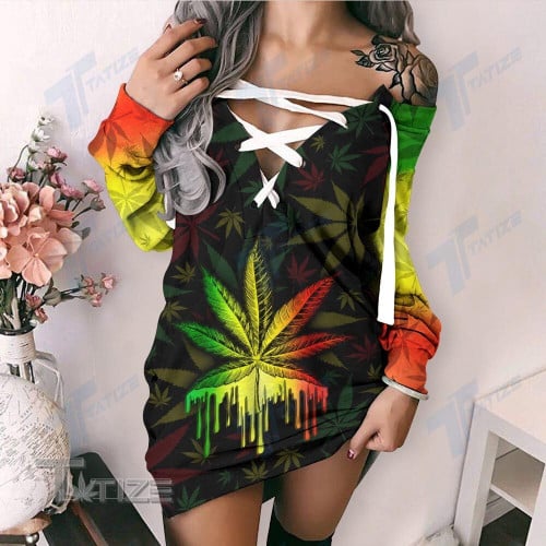 Rasta Weed Leaf Marijuanas Leaf Lace-Up Criss Cross Sweatshirt Dress