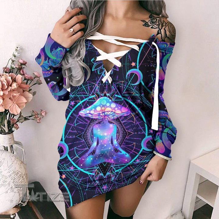 Mushroom yoga psychedelic color Lace-Up Sweatshirt