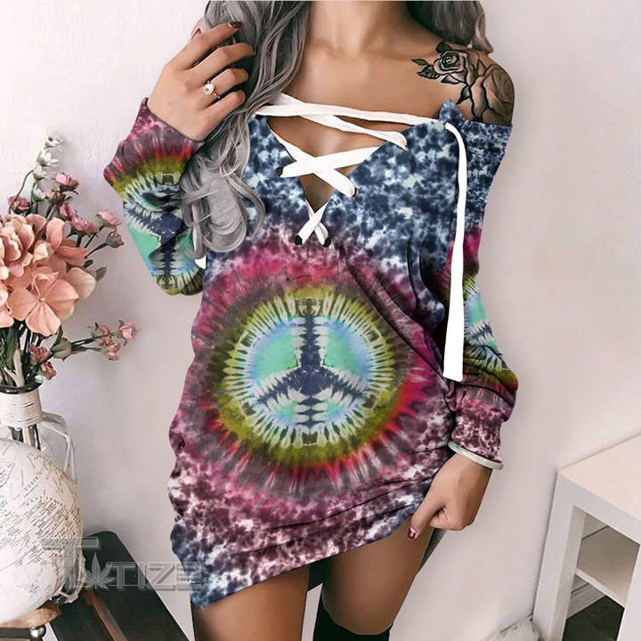 Hippie peace logo pattern Lace-Up Criss Cross Sweatshirt Dress