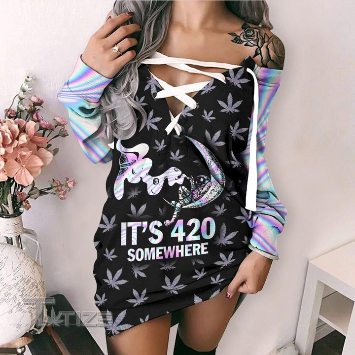 Hologram Weed It's 420 Somewhere Lace-Up Criss Cross Sweatshirt Dress