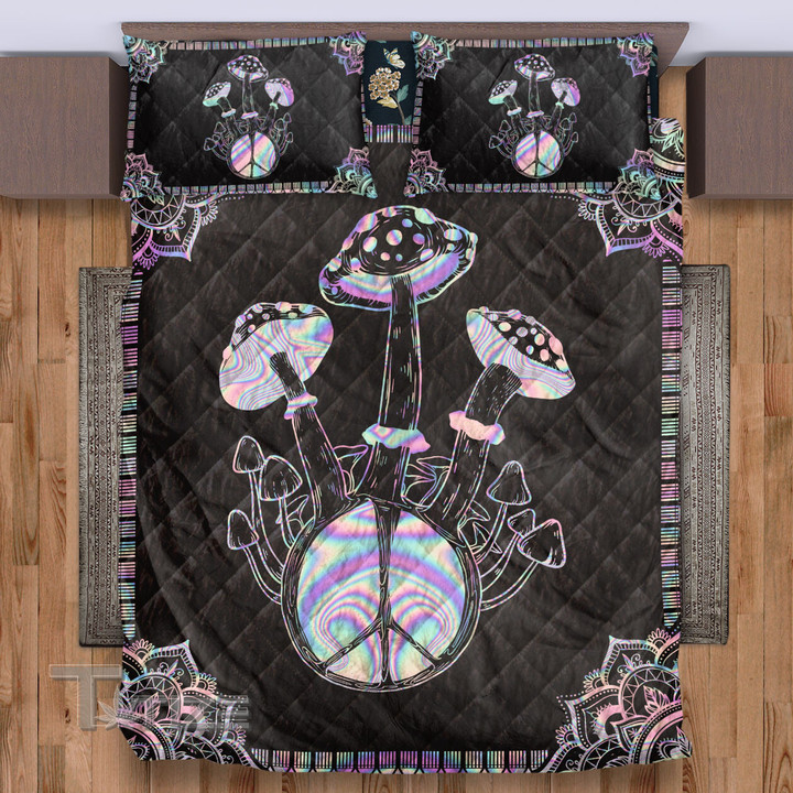 Mushroom Hologram Hippie Peace Symbol Mushroom  Quilt Bedding Set