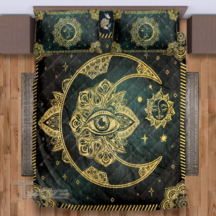 Hippie Eye Moon Mandala Pattern Quilt Bedding Set