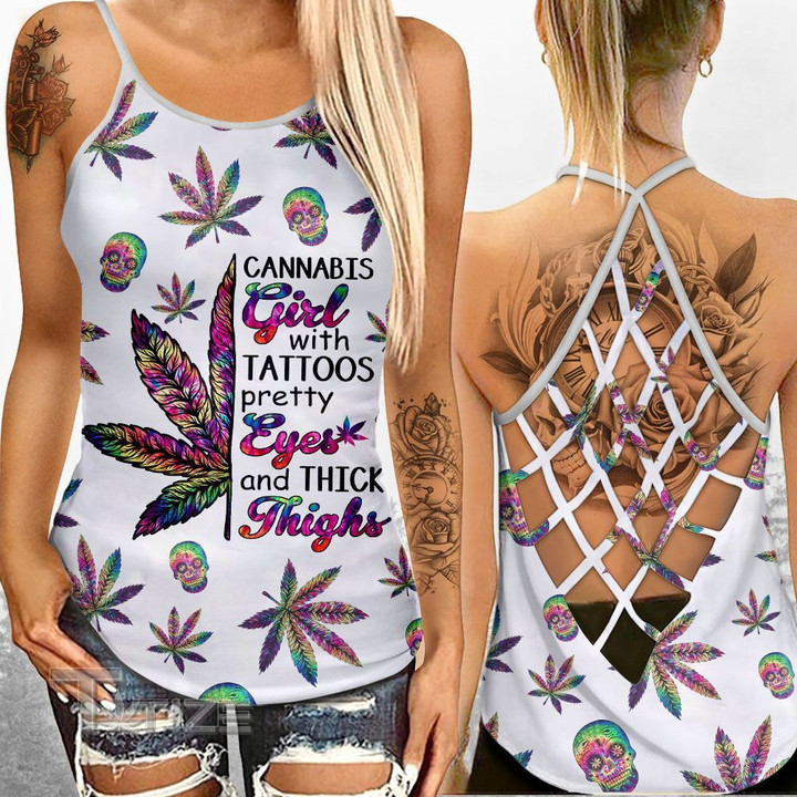 Cannabis Girl With Tattoos, Pretty Eyes And Thick Thighs Criss-Cross Open Back Cami Tank Top