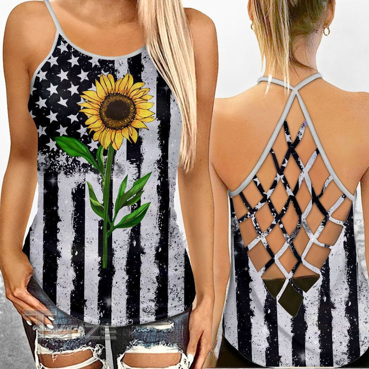 Sunflower America Flag Criss-Cross Open Back Cami Tank Top