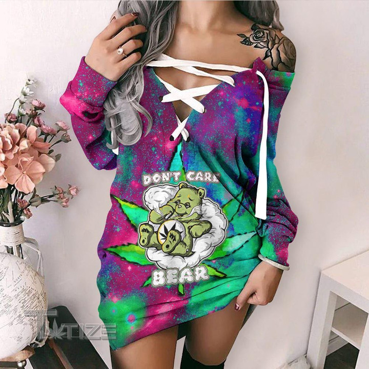 Weed dont care bear Lace-Up Criss Cross Sweatshirt Dress
