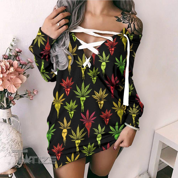 Weed sexy leaf colorful Lace-Up Criss Cross Sweatshirt Dress