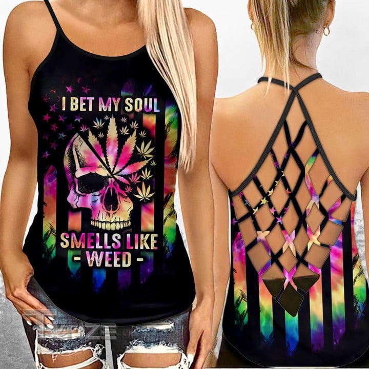 Weed Leaf Skull Smell Like Weed Criss-Cross Open Back Cami Tank Top