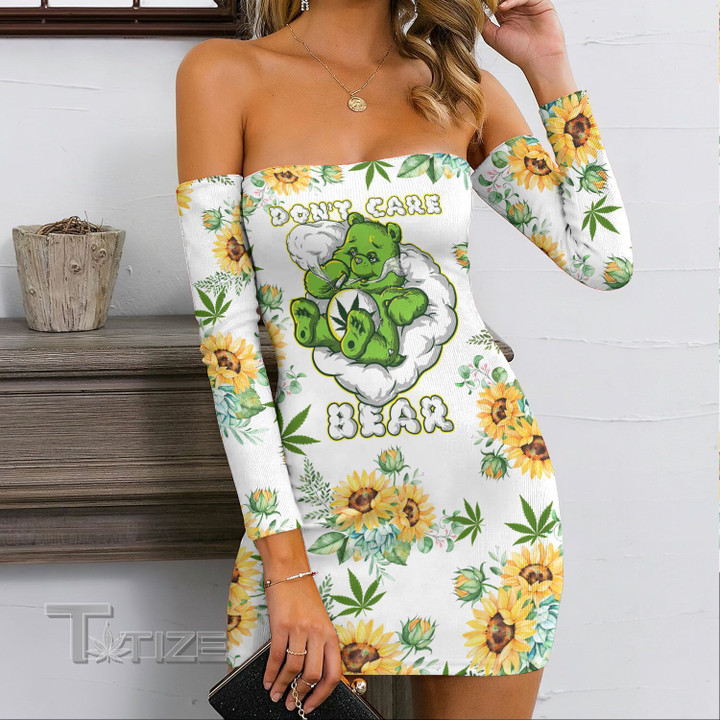 Weed Leaf Don't Care Bear Sunflower Bandage Off Shoulder Dress