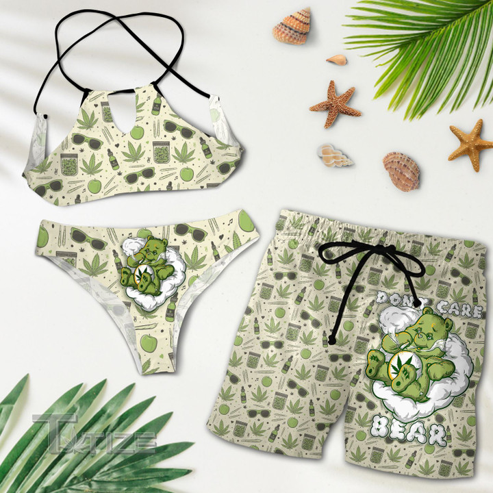 Weed Leaf Don't Care Bear Combo Sexy Summer Bikini 2-piece Bikini and Hawaiian Shorts