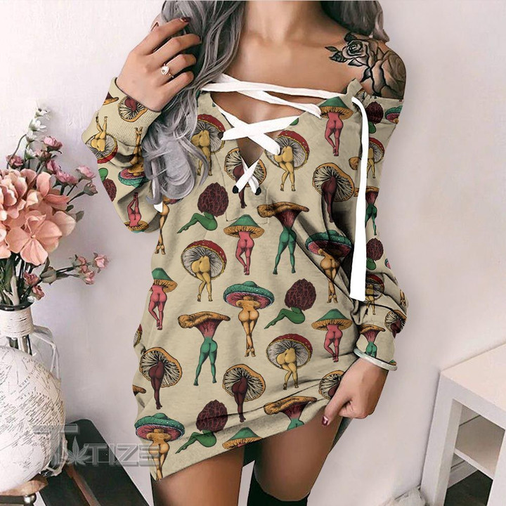 Mushroom Sexy Pattern Lace-Up Criss Cross Sweatshirt Dress