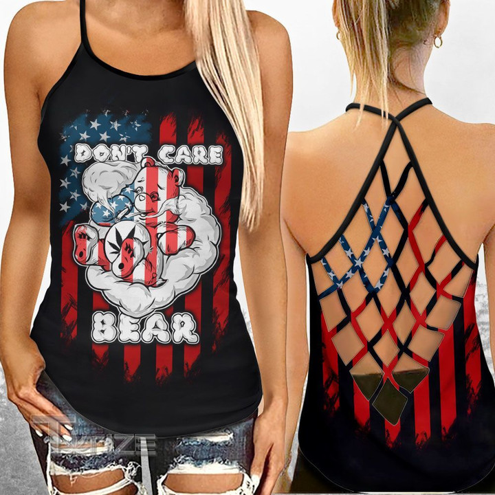 Weed Don't Care Bear American Flag Criss-Cross Open Back Cami Tank Top