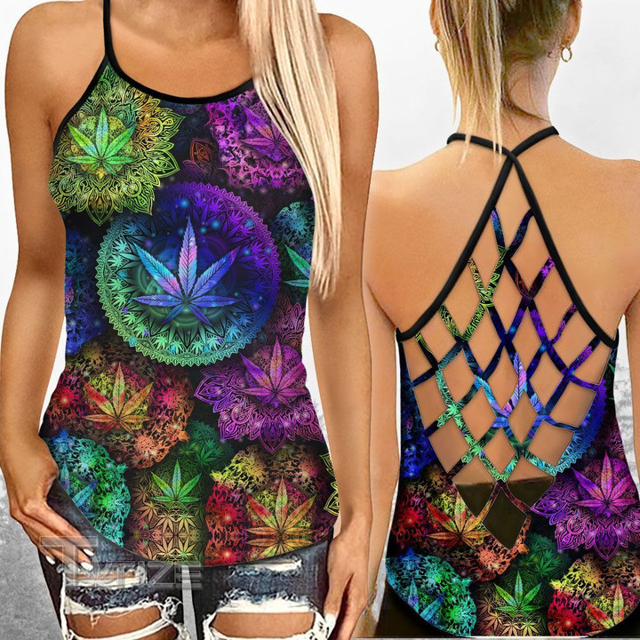 Weed Psychedelic Mandala Criss-Cross Open Back Cami Tank Top