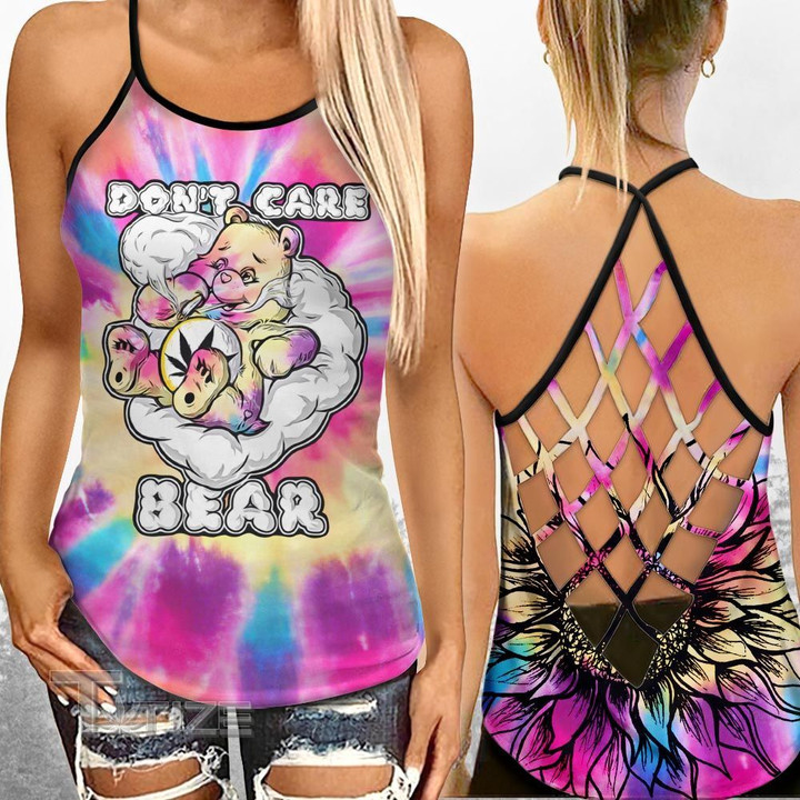 Weed Don't Care Bear Tie Dye Criss-Cross Open Back Cami Tank Top