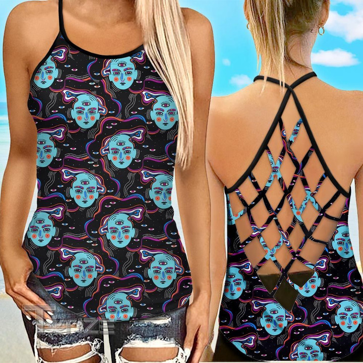 Psychedelic Third Eyes Criss-Cross Open Back Cami Tank Top