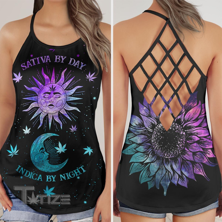 Weed Sativa By Day Indica By Night Criss-Cross Open Back Cami Tank Top
