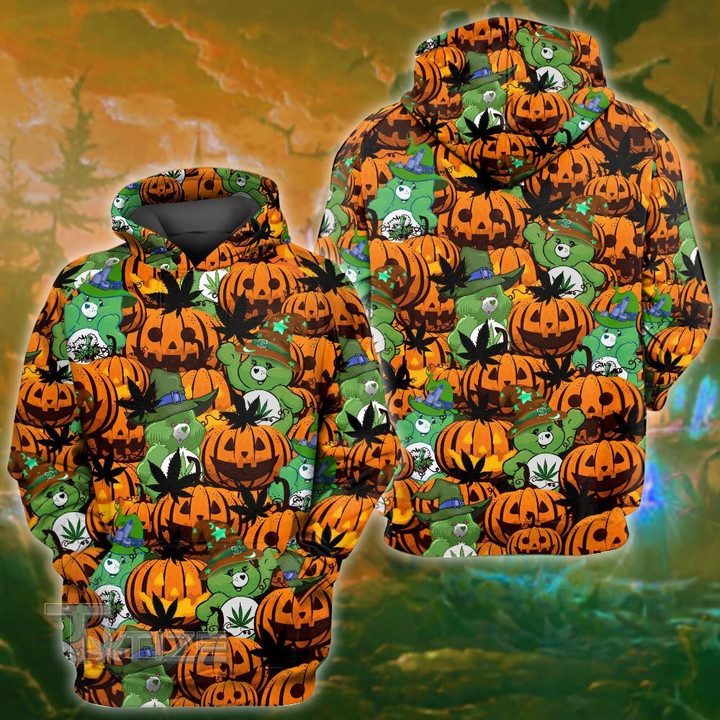 Weed Halloween Don't Care Bear Pumpkin Pattern 3D All Over Printed Shirt, Sweatshirt, Hoodie, Bomber Jacket Size S - 5XL