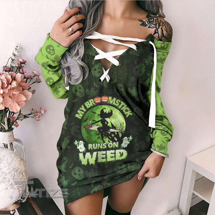 Weed halloween witch my broomstick runs on weed Lace-Up Criss Cross Sweatshirt Dress
