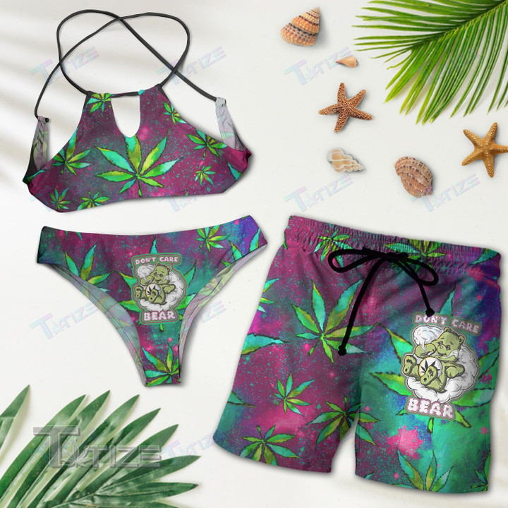 Weed Leaf Don't Care Bear Combo Sexy Summer Bikini 2-piece Bikini and Hawaiian Short