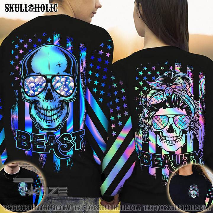 Matching Couple Shirt Beast Beauty Hologram Couple Skull 3D All Over Printed Shirt, Sweatshirt, Hoodie, Bomber Jacket Size S - 5XL