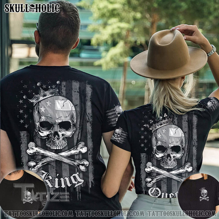 Matching Couple Shirt Couple King Queen Skull Bones 3D All Over Printed Shirt, Sweatshirt, Hoodie, Bomber Jacket Size S - 5XL