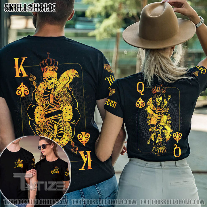 Matching Couple Shirt Skull Couple King Queen Vintage 3D All Over Printed Shirt, Sweatshirt, Hoodie, Bomber Jacket Size S - 5XL